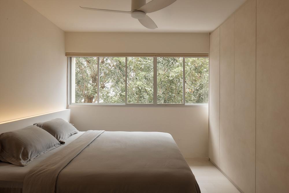 Minimalist Bedroom with Granite Floor and Drop Ceiling