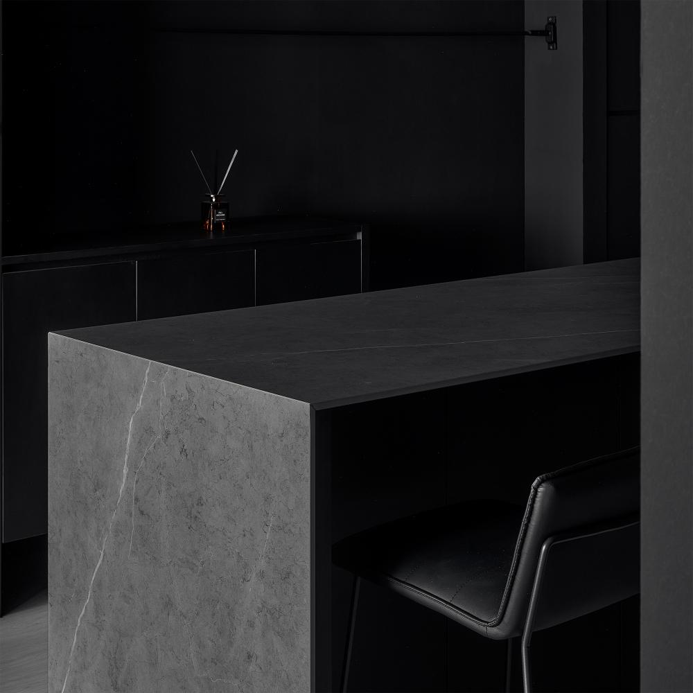 Contemporary Kitchen with Herringbone Tiling and Wood Flooring