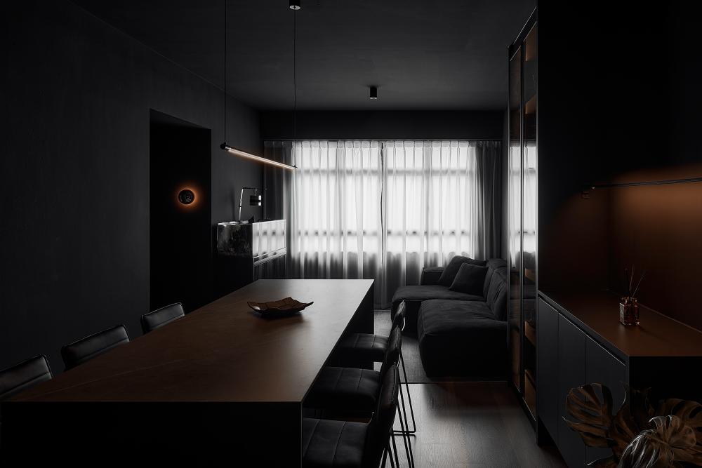 Contemporary Living Room with Bookshelf and Drop Light