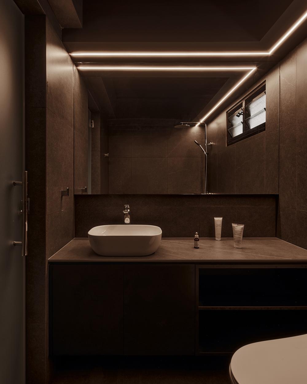 Contemporary Bathroom with Wood Flooring and Mirror