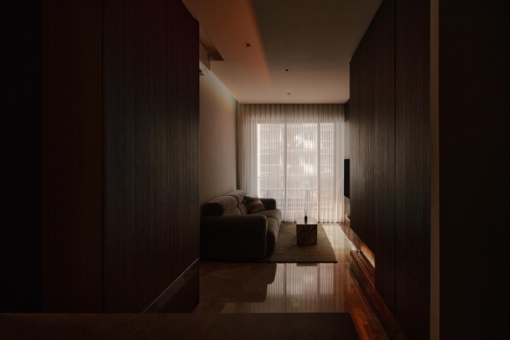 Contemporary Living Room with Feature Wall and Drop Light