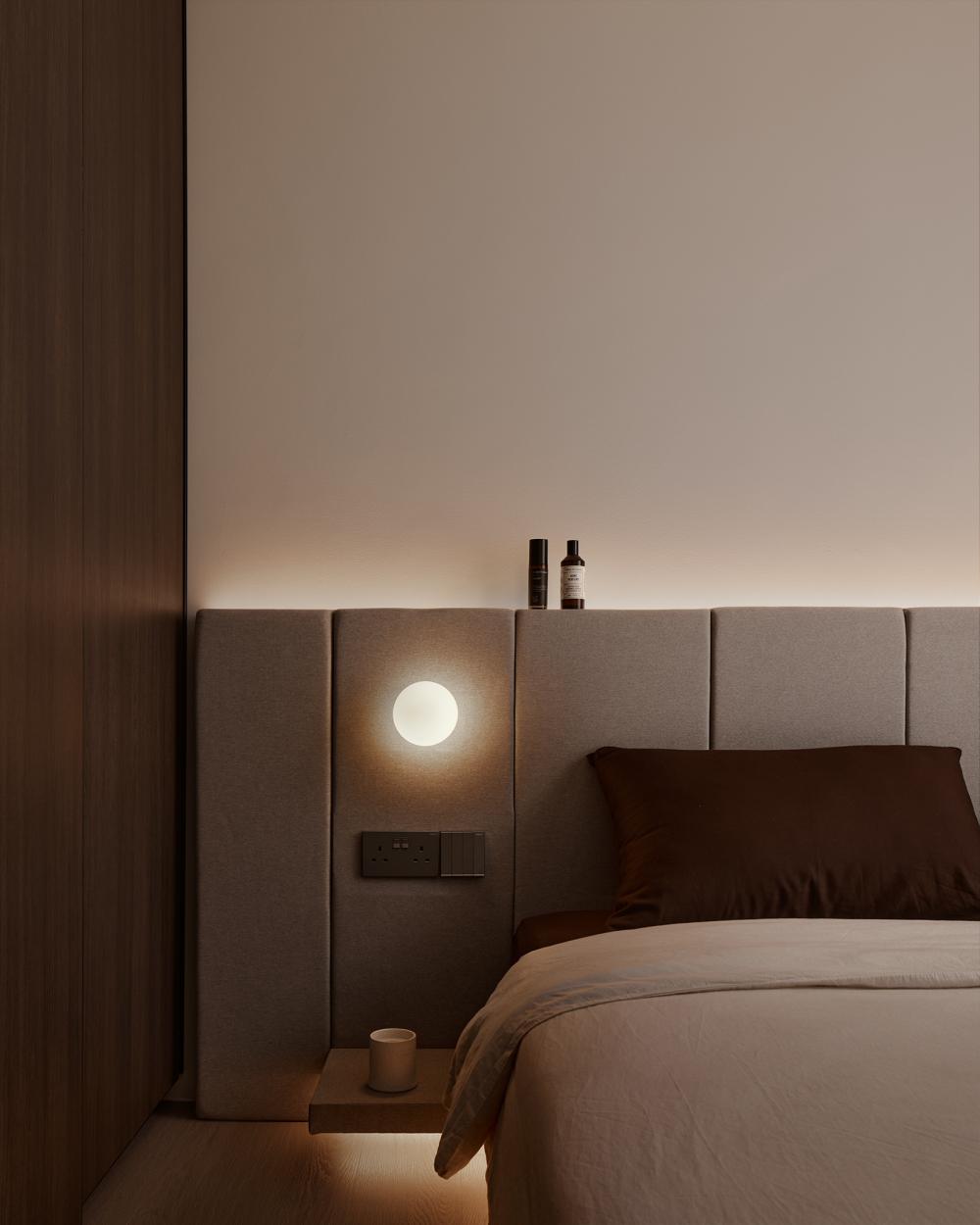 Contemporary Bedroom with Granite Floor and Ceiling Light
