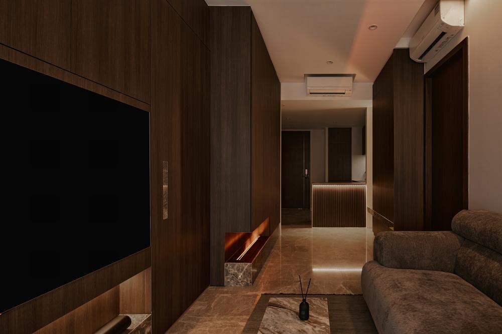 Contemporary Living Room with Feature Wall and Carpet