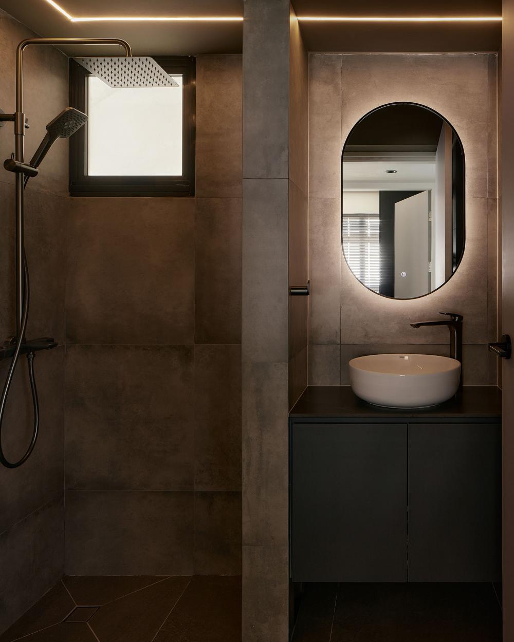 Contemporary Bathroom with Wood Flooring and Mirror