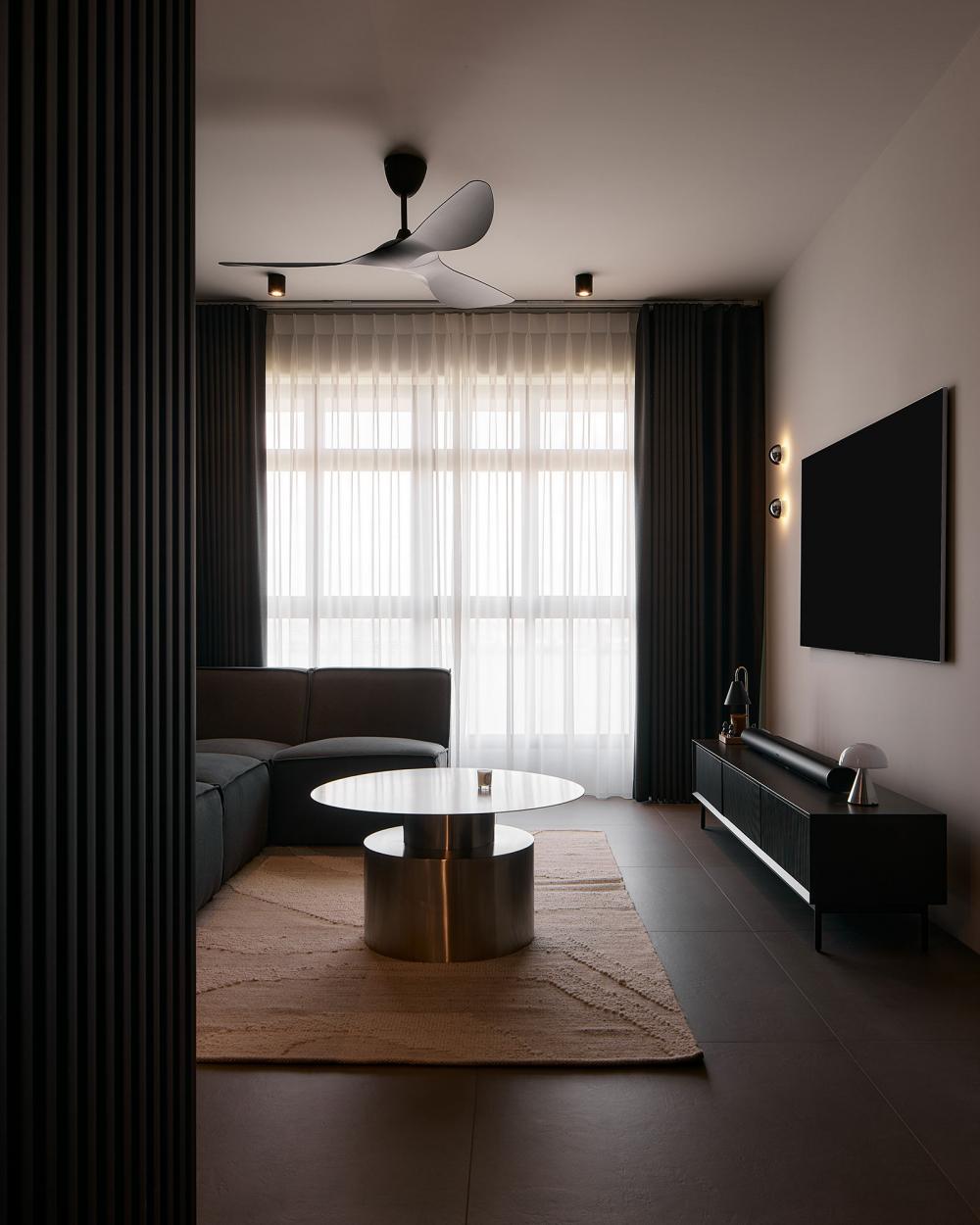 Contemporary Living Room with TV Console and Paintings