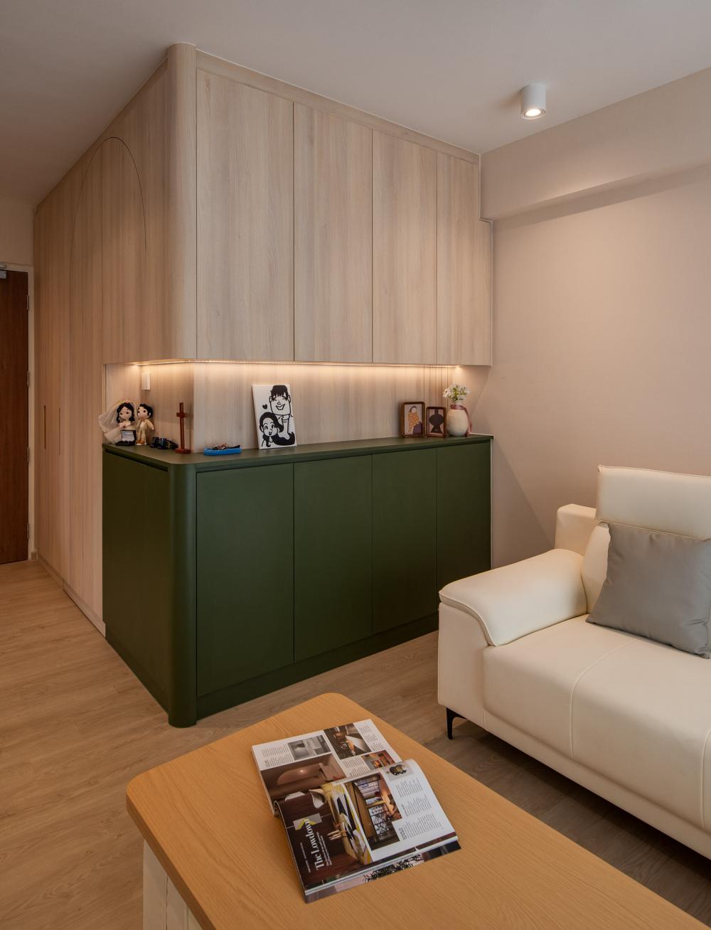 Contemporary Foyer with Feature Wall and Storage Cabinets