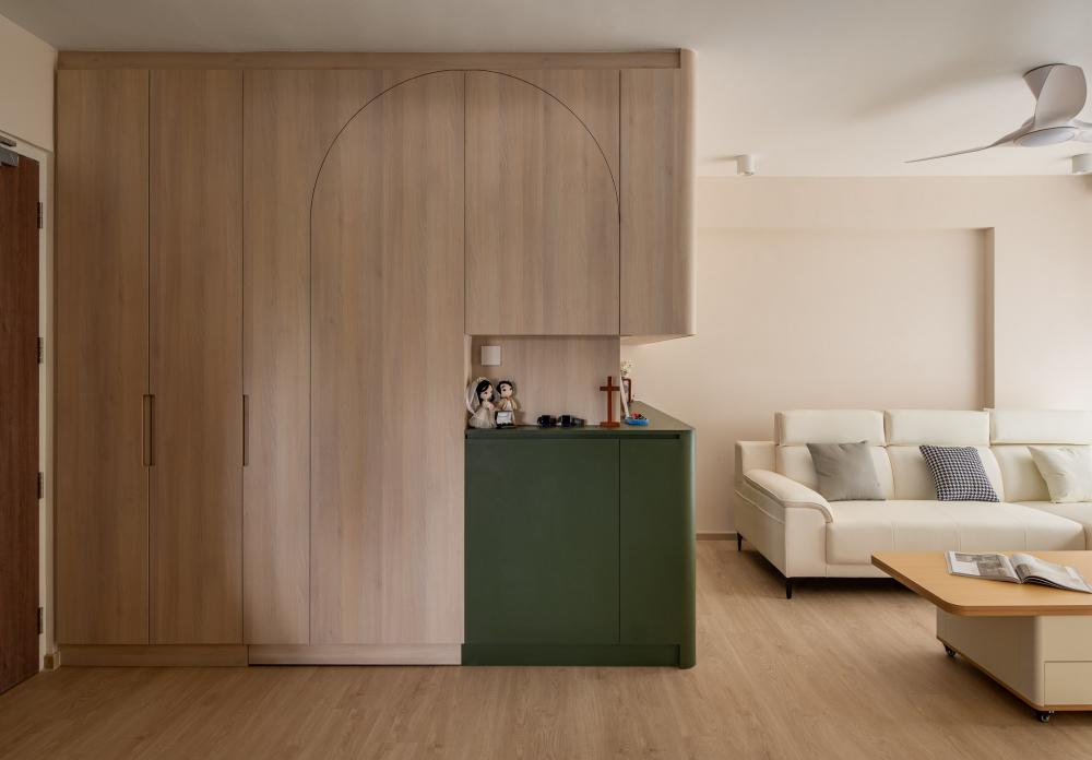 Contemporary Foyer with Feature Wall and Storage Cabinets