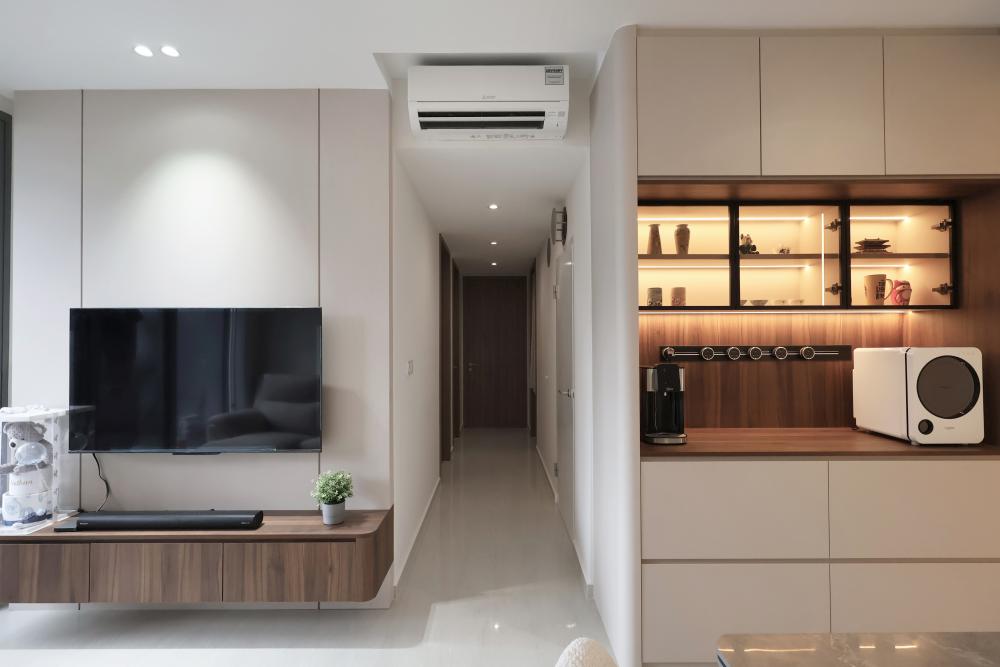 Contemporary Living Room with Homogeneous Tiles and Feature Wall