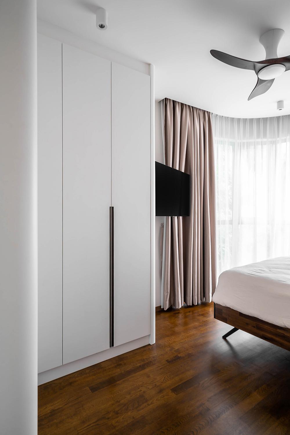 Modern Bedroom with Parquet Floor and Wardrobe
