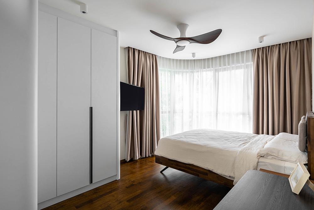 Modern Bedroom with Parquet Floor and Wardrobe