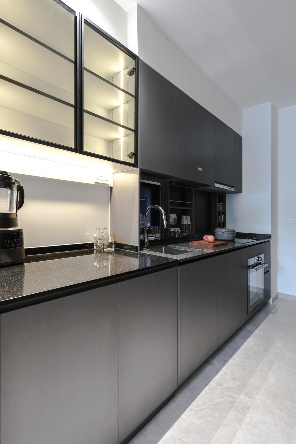 Modern Kitchen with Countertop and Display Cabinets