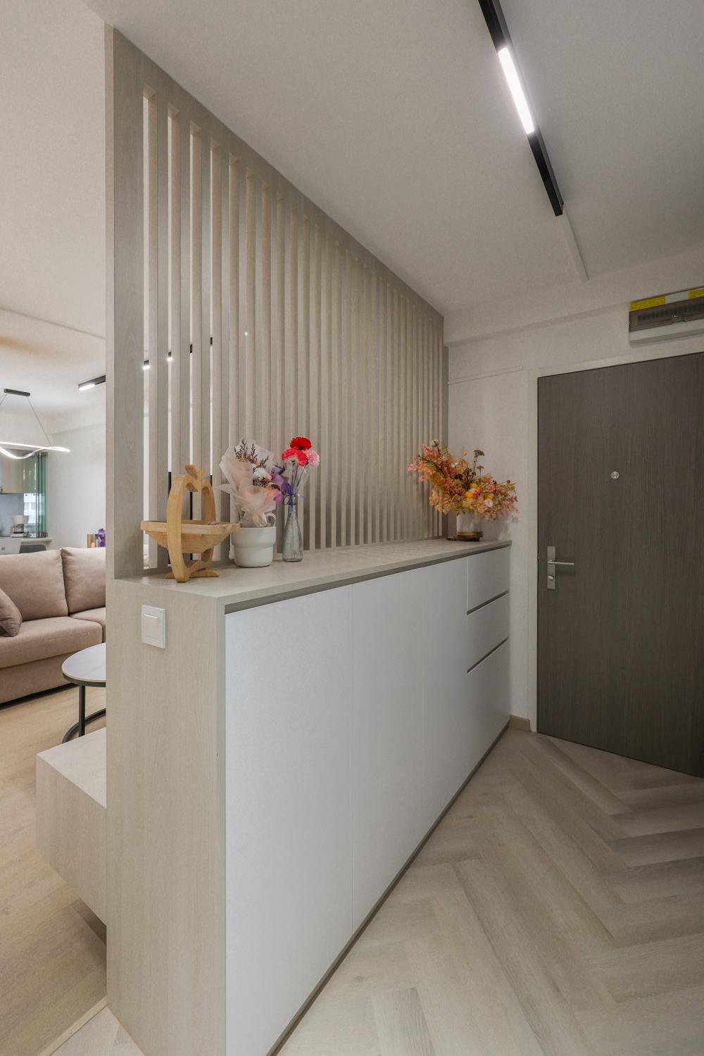 Modern Foyer with Vinyl Flooring and Shoe Cabinets