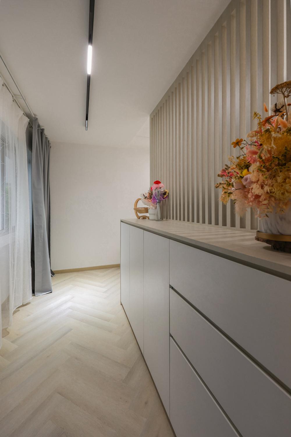 Modern Foyer with Vinyl Flooring and Shoe Cabinets
