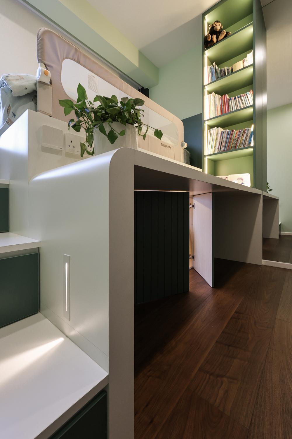 Asian Bedroom with Bookshelf and Platform Bed