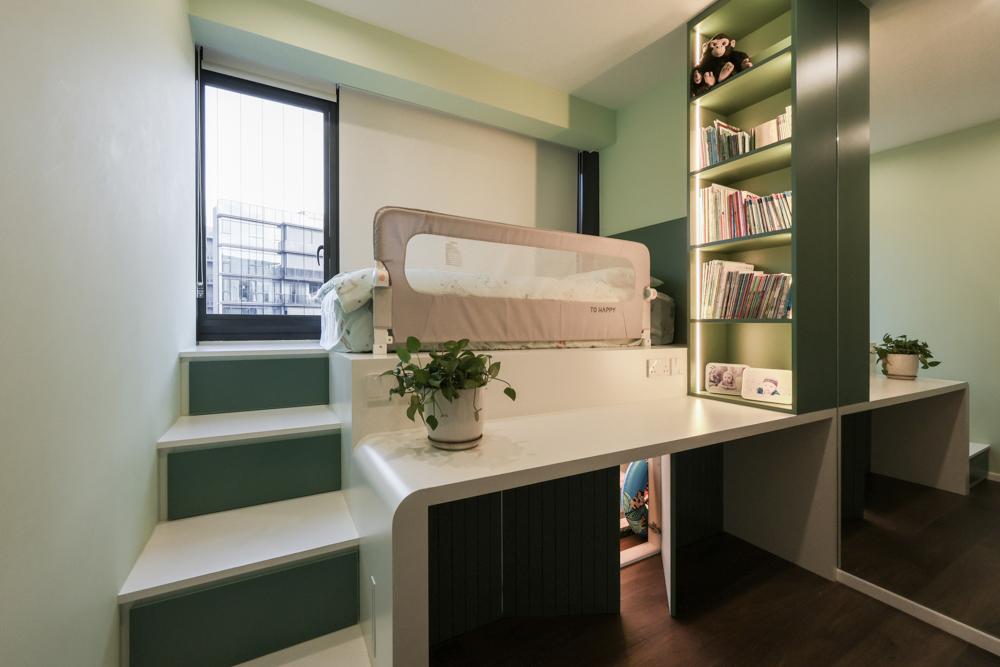 Asian Bedroom with Bookshelf and Platform Bed