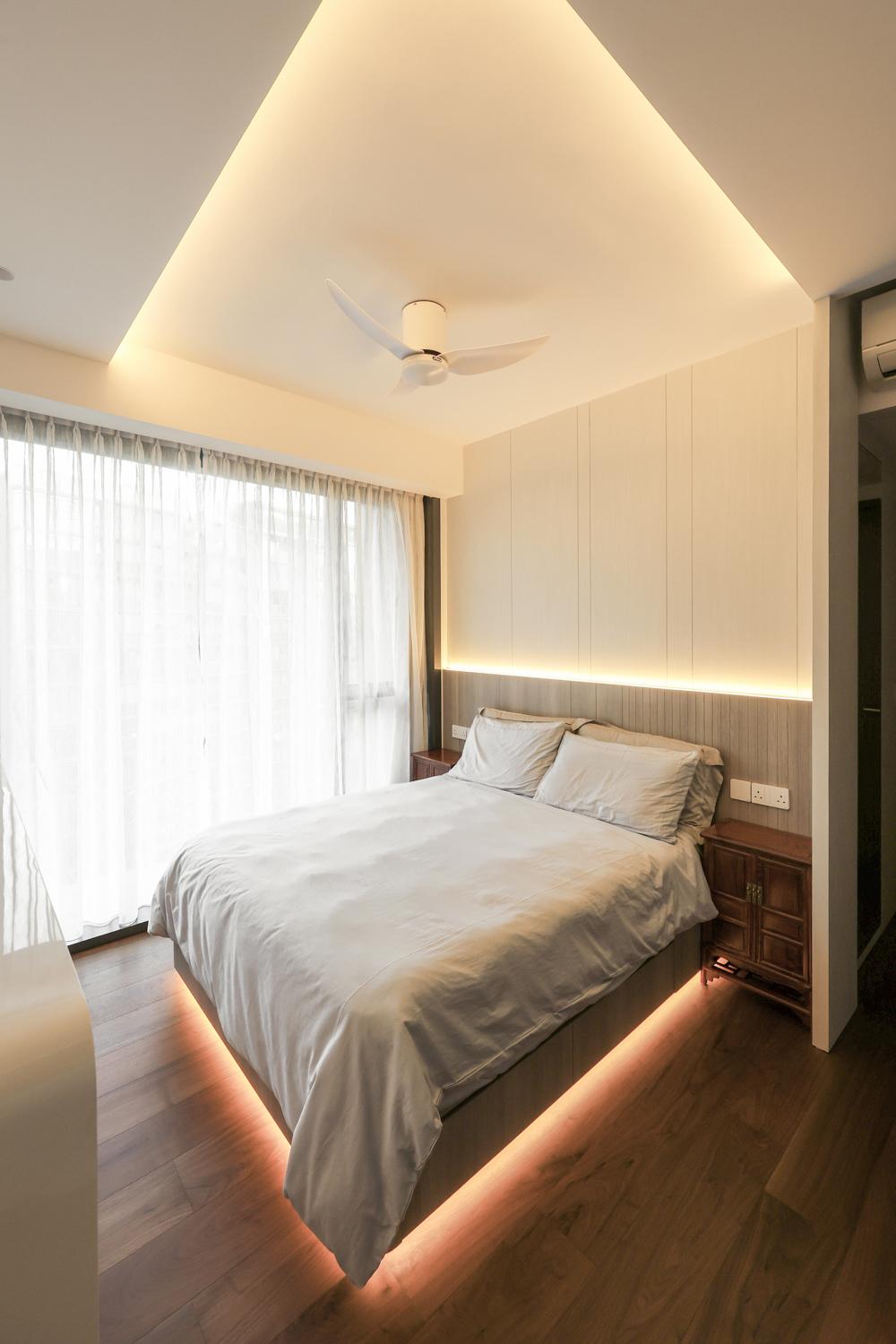 Asian Bedroom with Feature Wall and Cove Lighting