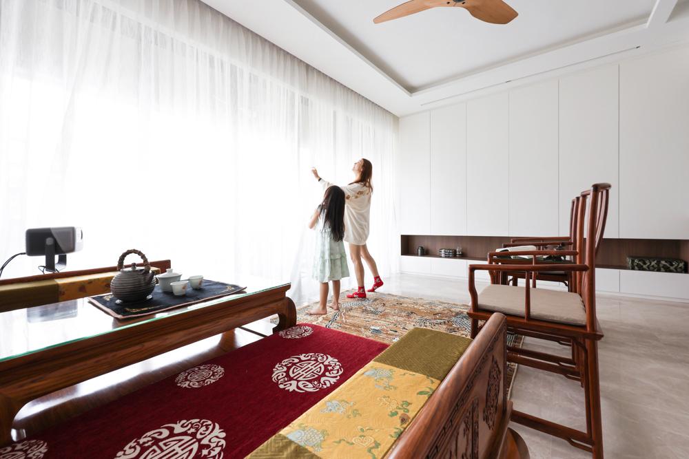 Asian Living Room with Curtain and Storage Cabinets