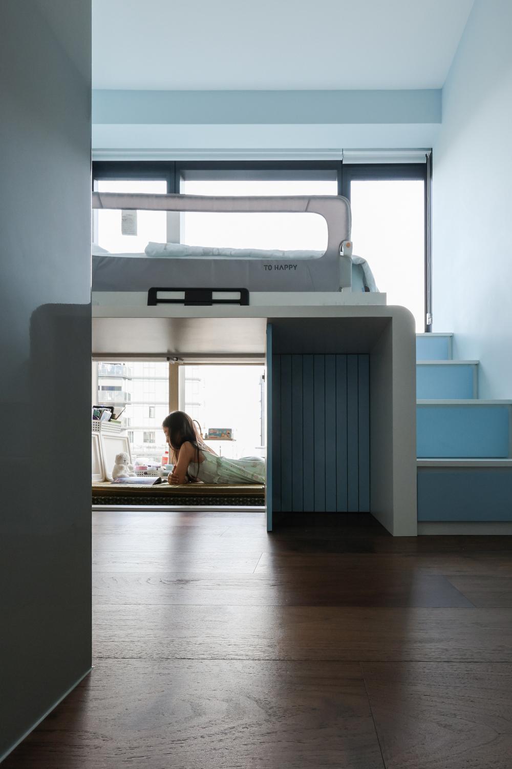 Asian Bedroom with Bookshelf and Built-in Bed