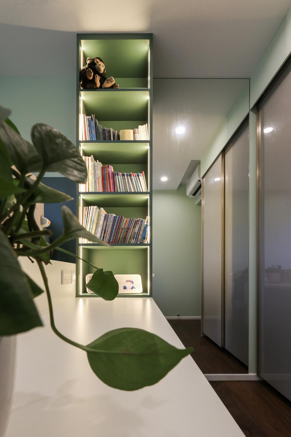 Asian Bedroom with Bookshelf and Mirror