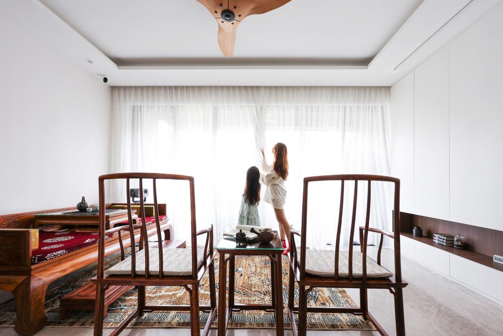 Asian Living Room with Curtain and Storage Cabinets