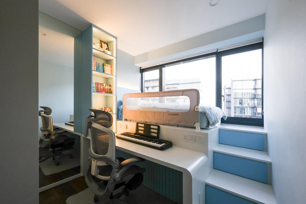 Asian Bedroom with Bookshelf and Platform Bed