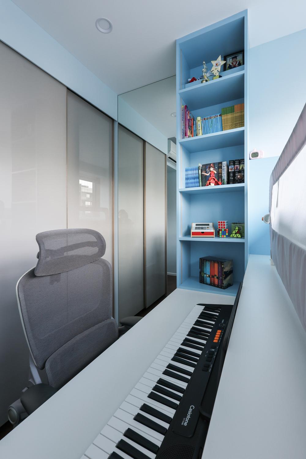 Asian Bedroom with Bookshelf and Mirror