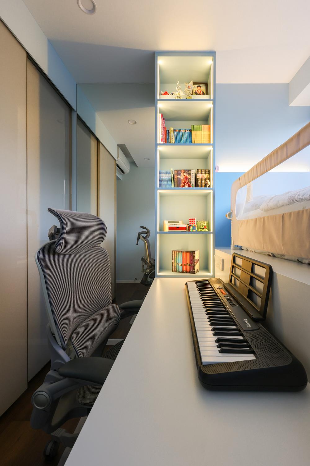 Asian Bedroom with Bookshelf and Mirror