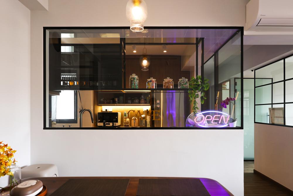 Industrial Dining Room with Glass Door and Lighting