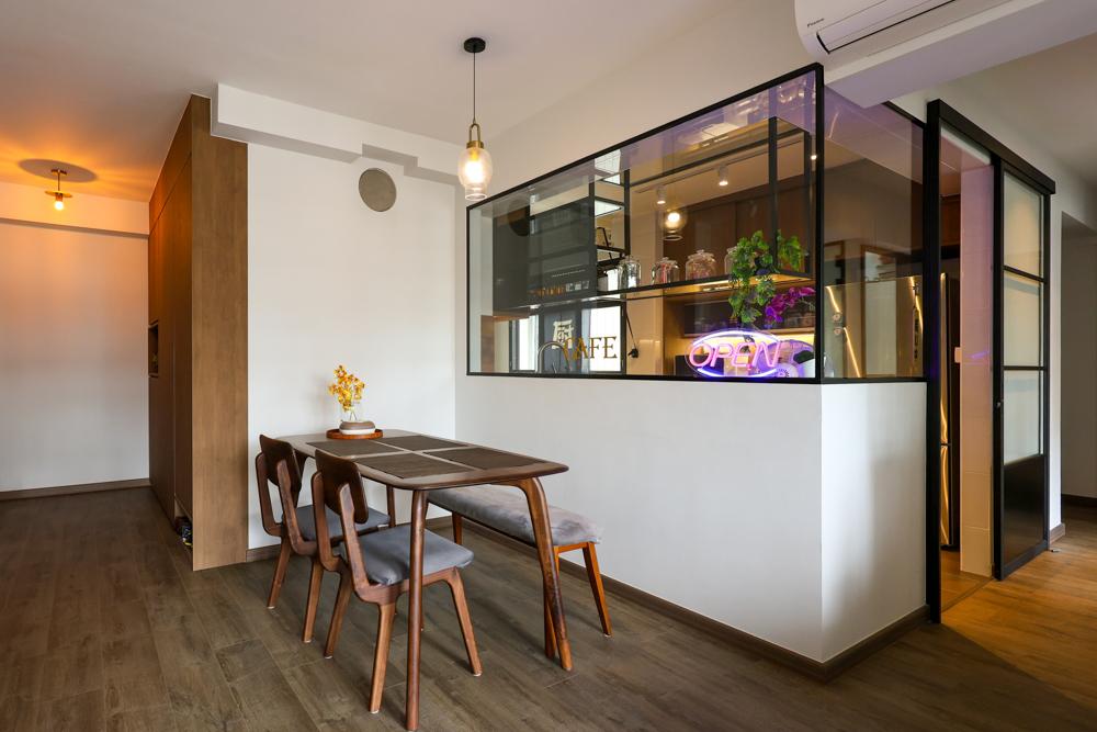 Industrial Dining Room with Vinyl Flooring and Glass Door