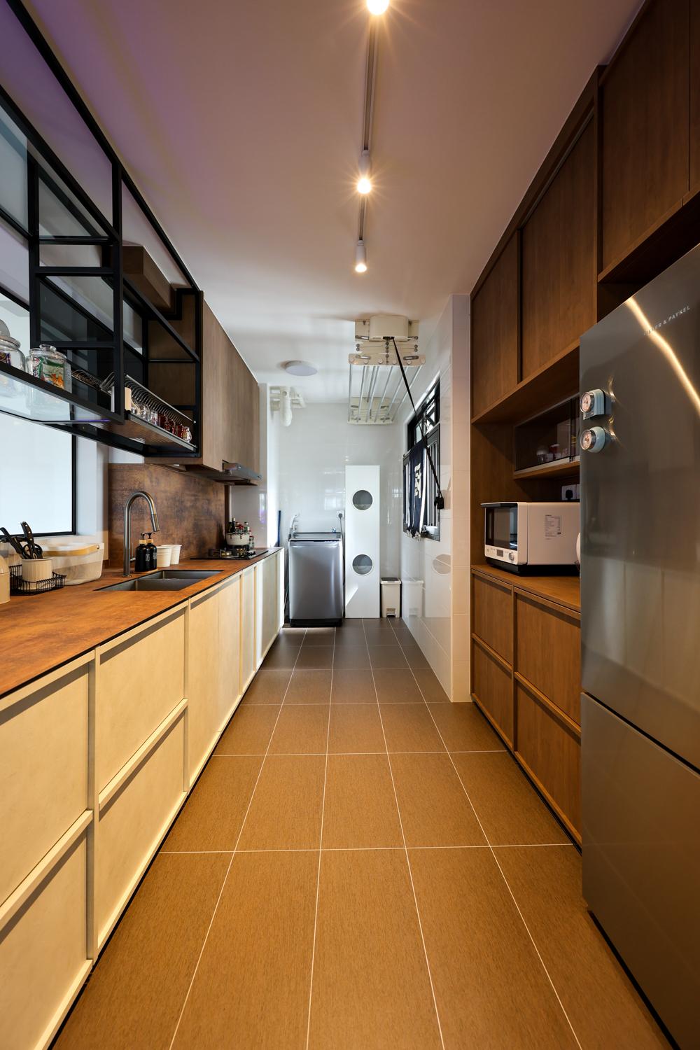 Industrial Kitchen with Countertop and Herringbone Tiling