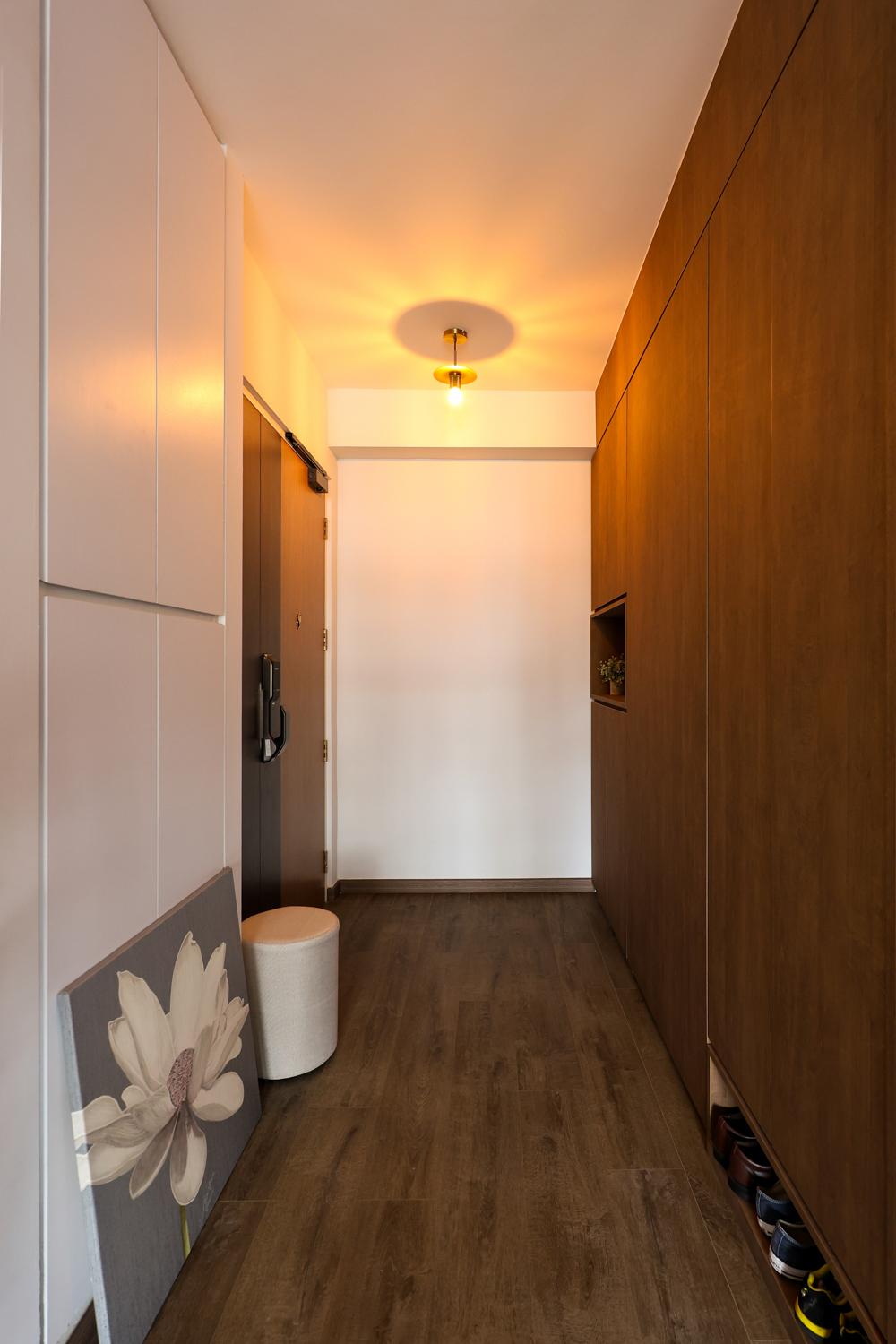 Industrial Foyer with Vinyl Flooring and Shoe Cabinets