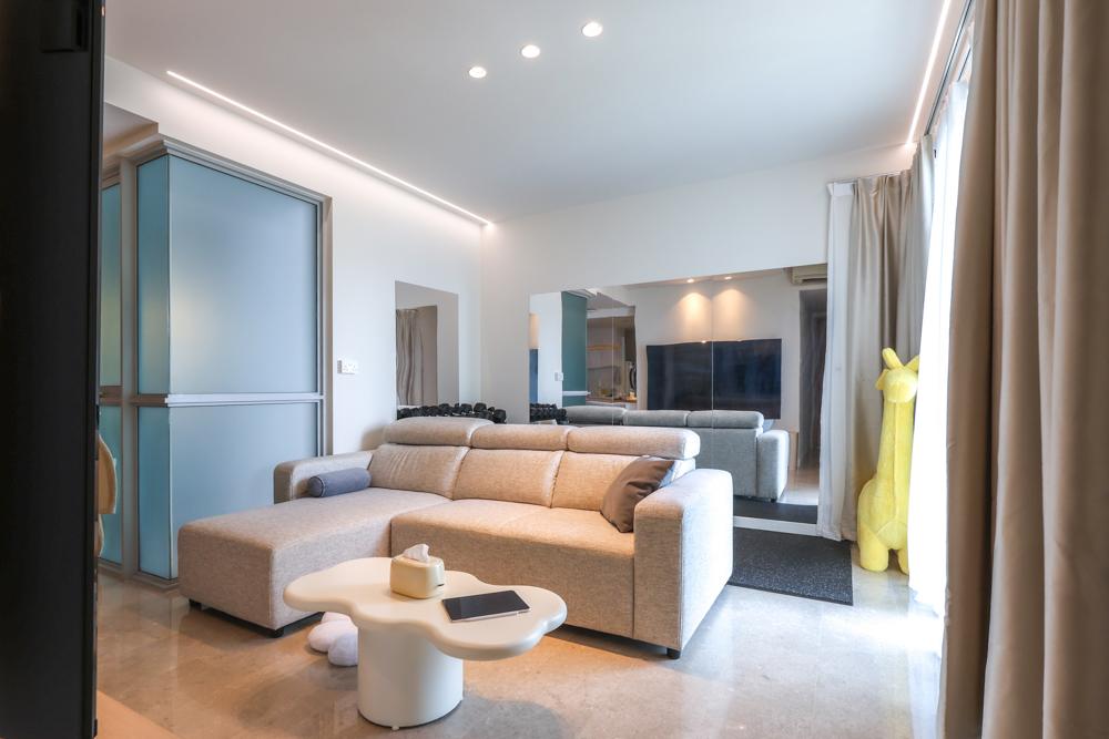 Modern Living Room with Mirror and Gym Equipment