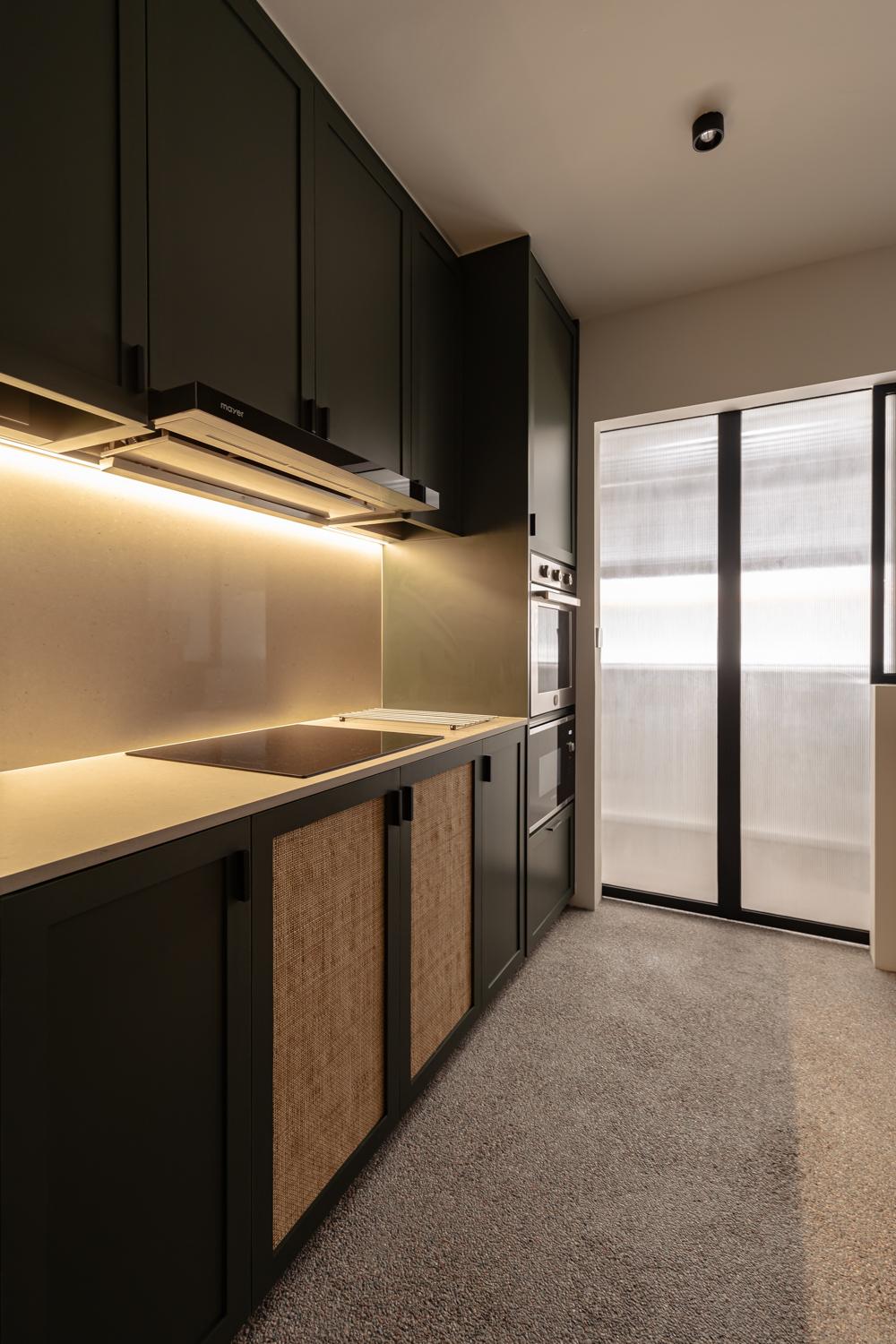 Modern Kitchen with Glass Door and Kitchen Backsplash
