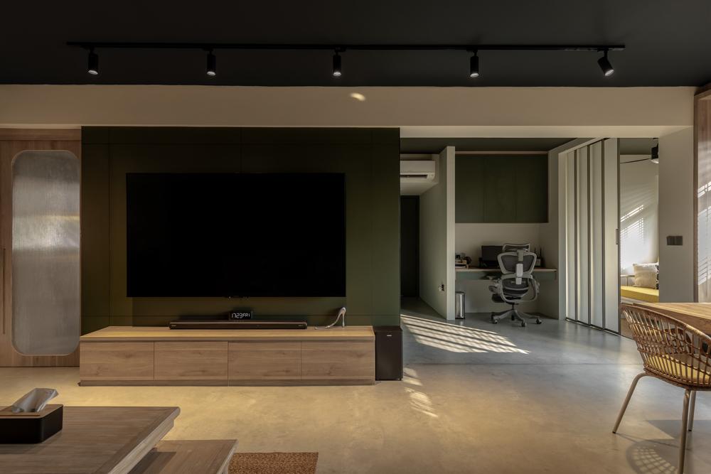 Modern Living Room with TV Console and Glass Door