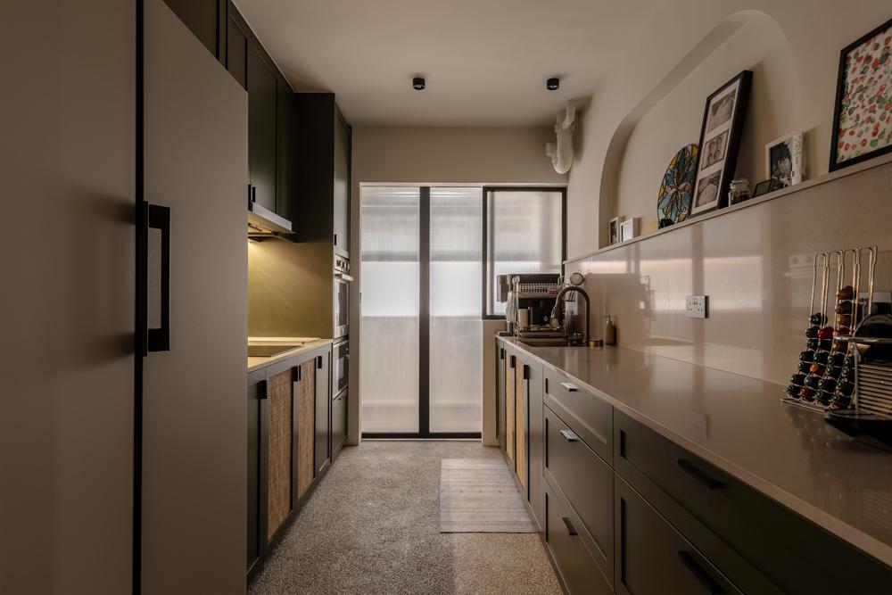 Modern Kitchen with Countertop and Glass Door