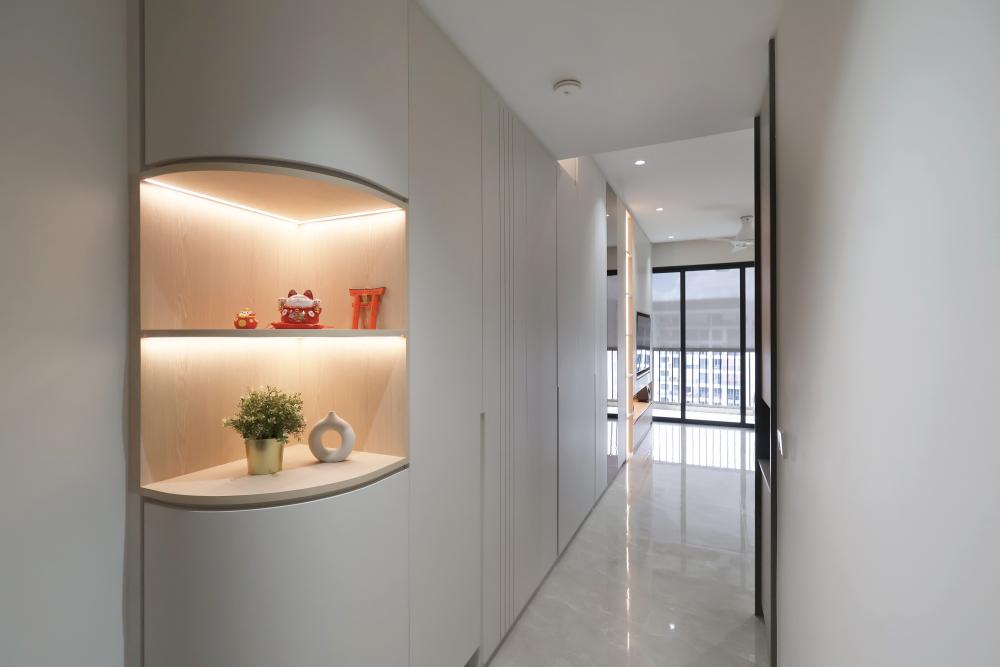 Contemporary Entryway with Bookshelf and Doors