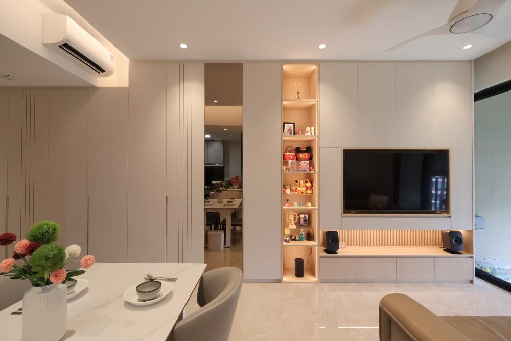 Contemporary Living Room with Homogeneous Tiles and TV Console