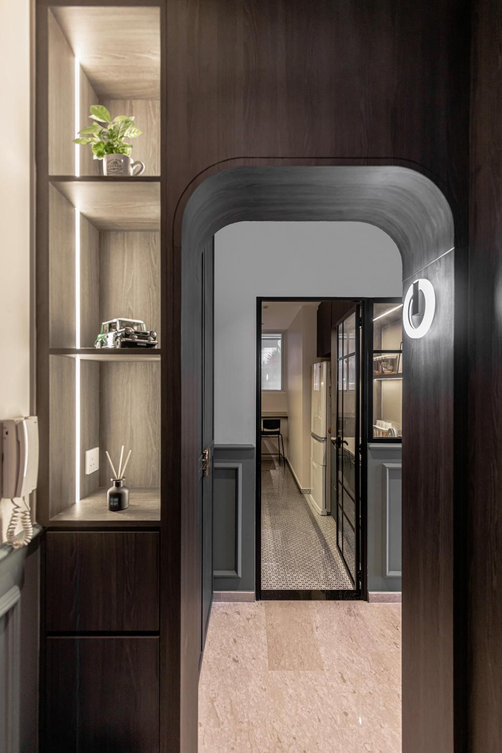 Asian Foyer with Storage Cabinets and Display Cabinets