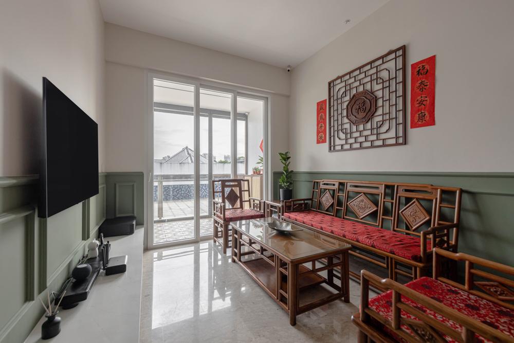 Asian Living Room with TV Console and Feature Wall