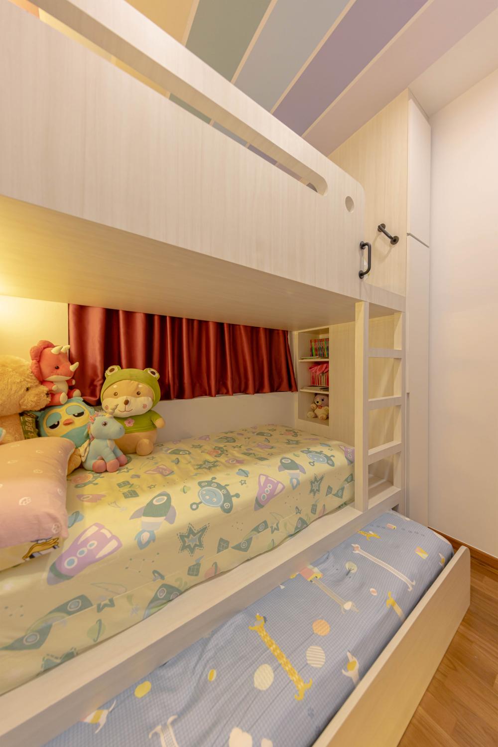 Asian Bedroom with Built-in Bed and Paintings