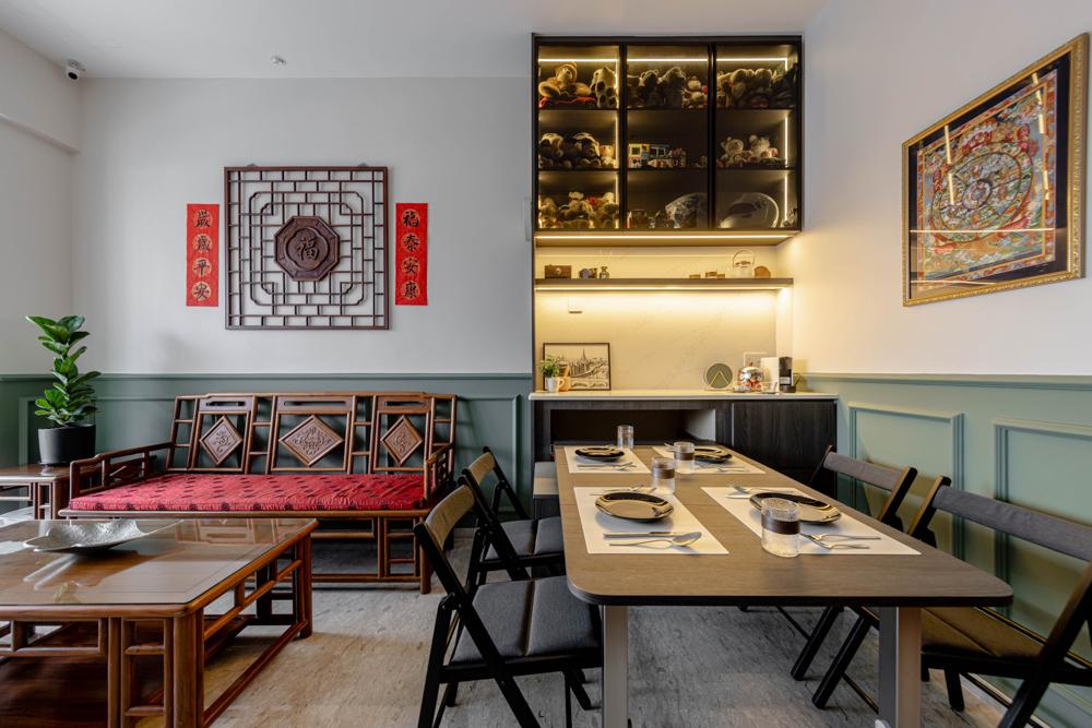 Asian Dining Room with Feature Wall and Storage Cabinets