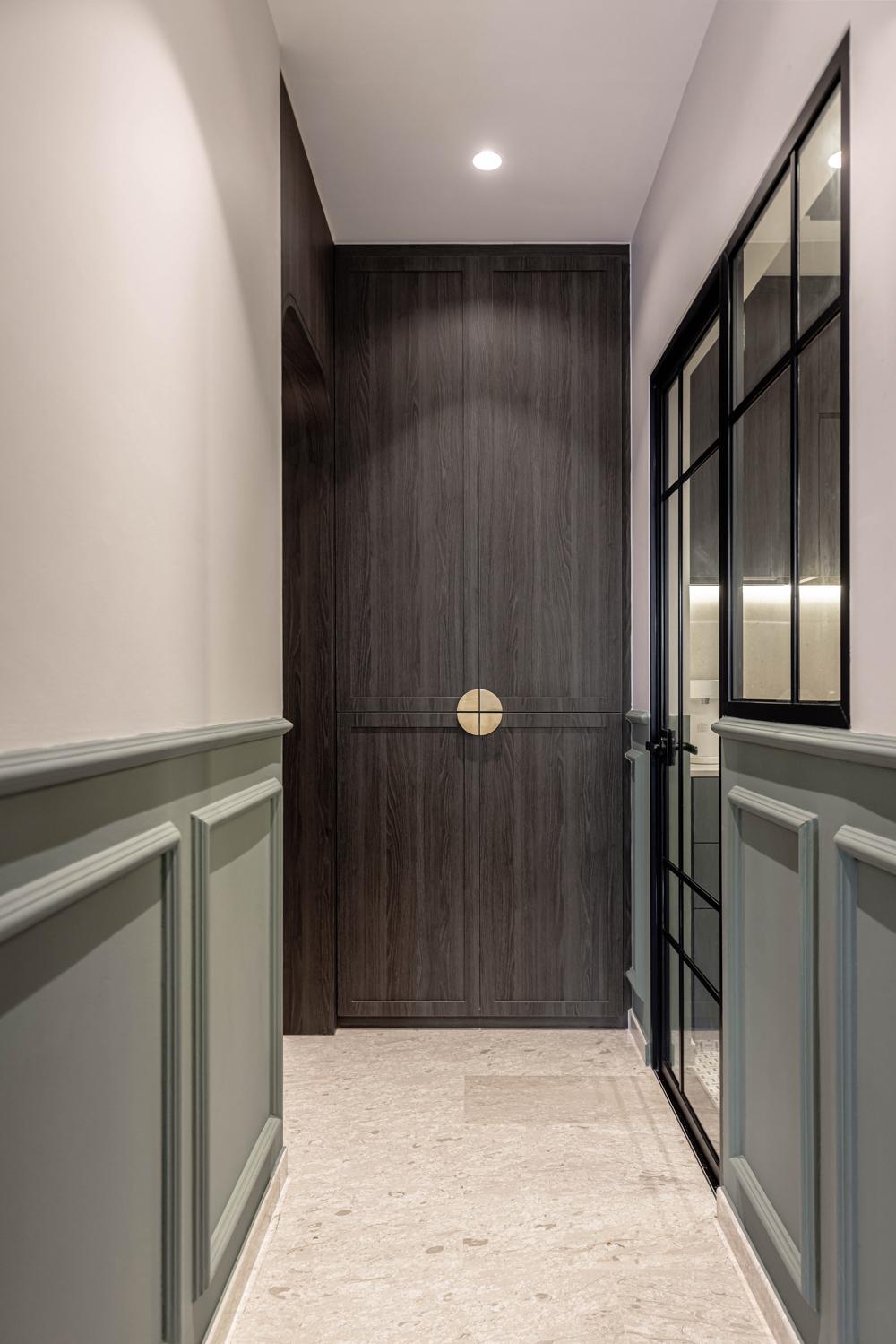 Asian Foyer with Glass Door and Shoe Cabinets
