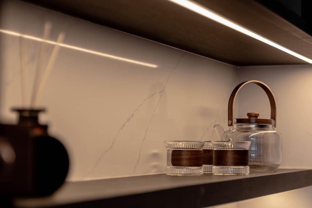 Asian Dining Room with Display Cabinets and Lighting