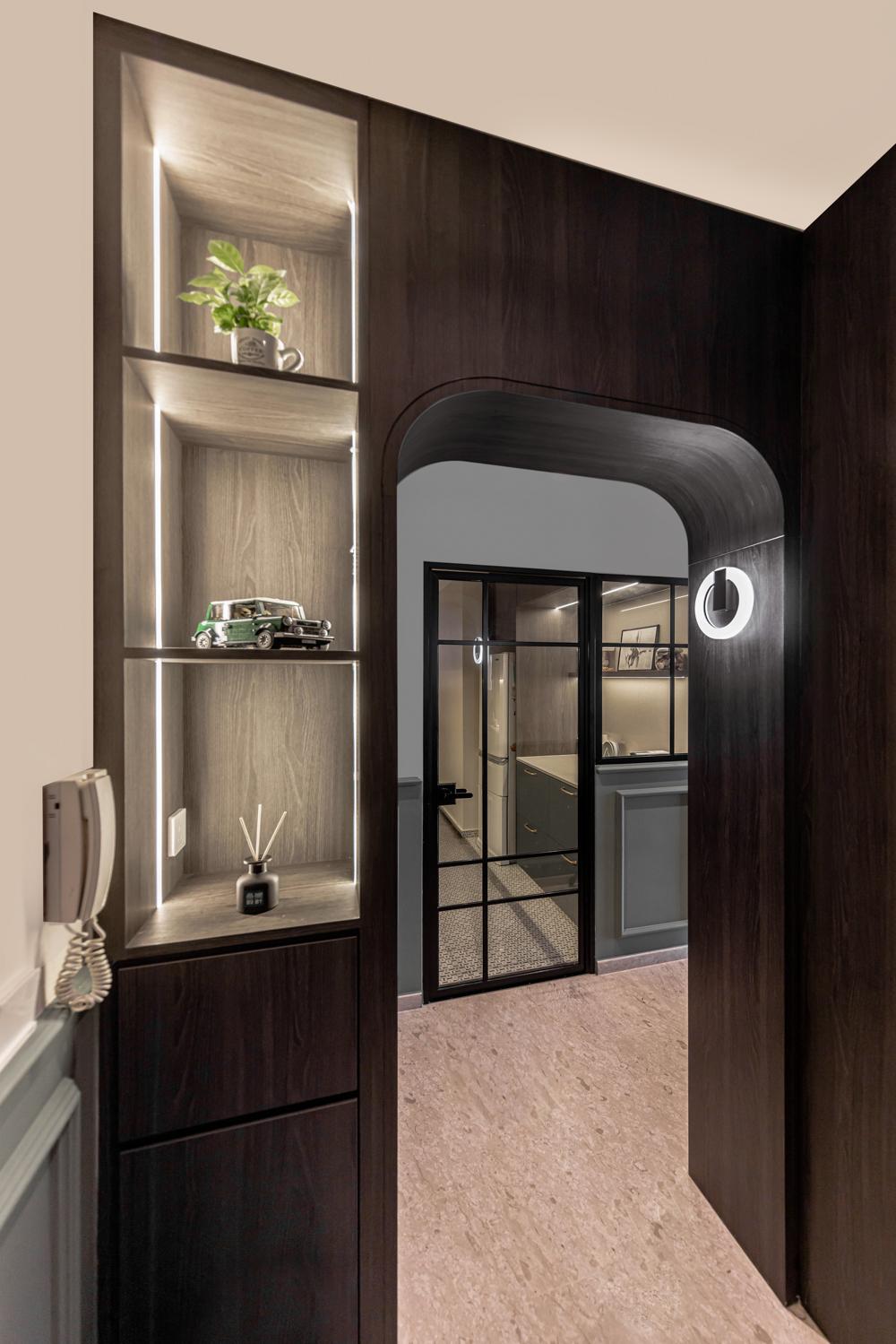Asian Foyer with Storage Cabinets and Display Cabinets
