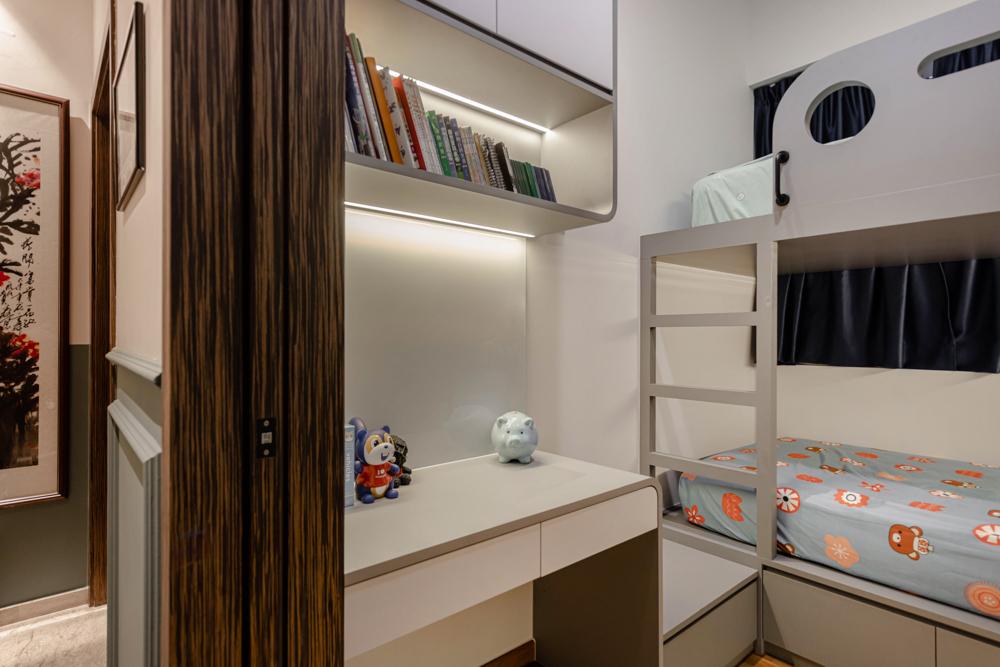 Asian Bedroom with Bookshelf and Built-in Bed