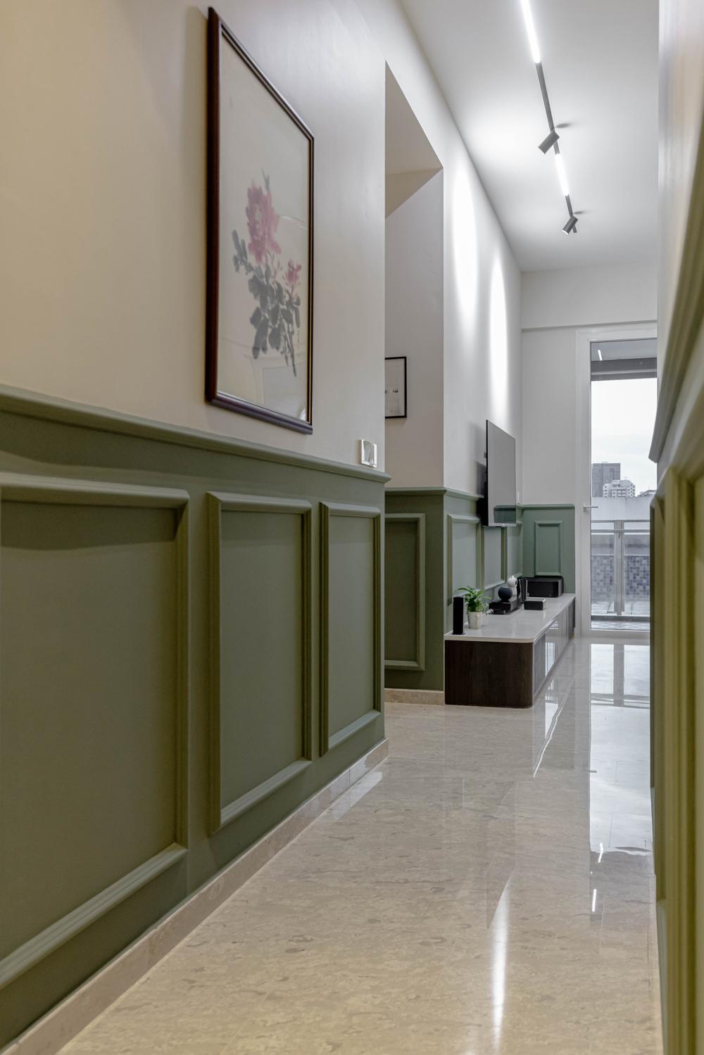 Asian Hallway with Feature Wall and Lighting