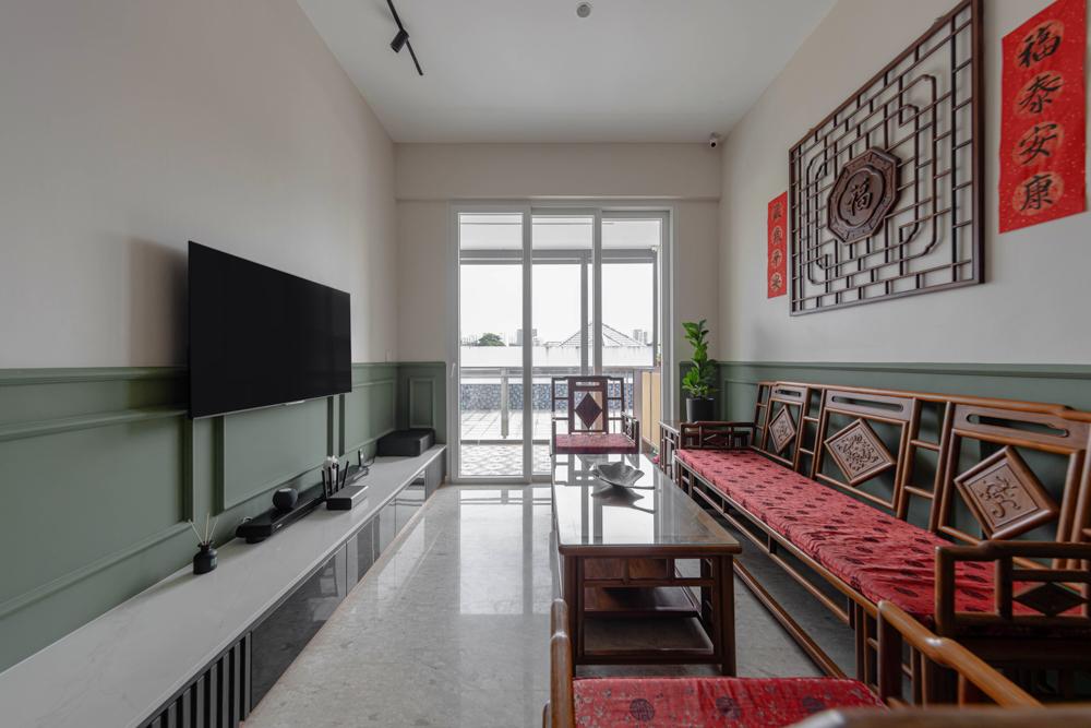 Asian Living Room with TV Console and Feature Wall