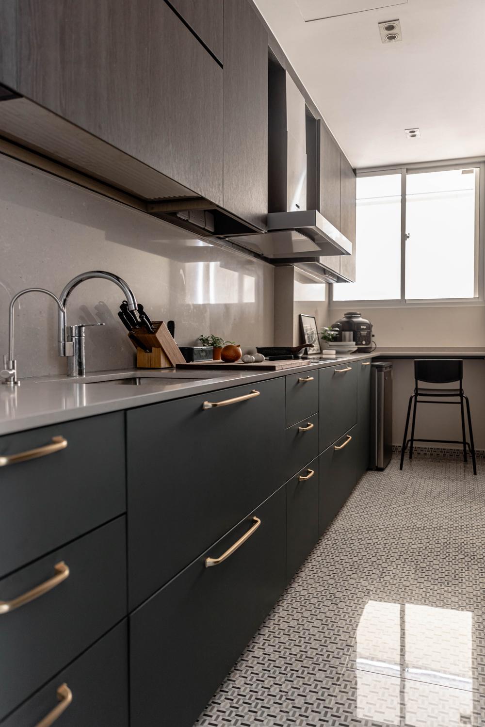 Asian Kitchen with Countertop and Homogeneous Tiles