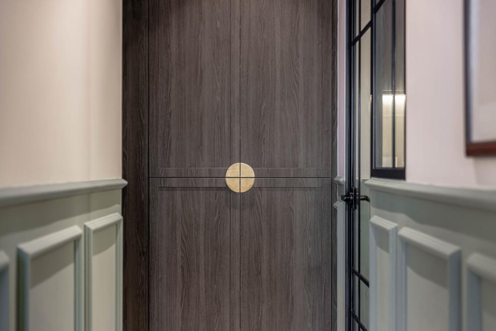 Asian Foyer with Feature Wall and Shoe Cabinets
