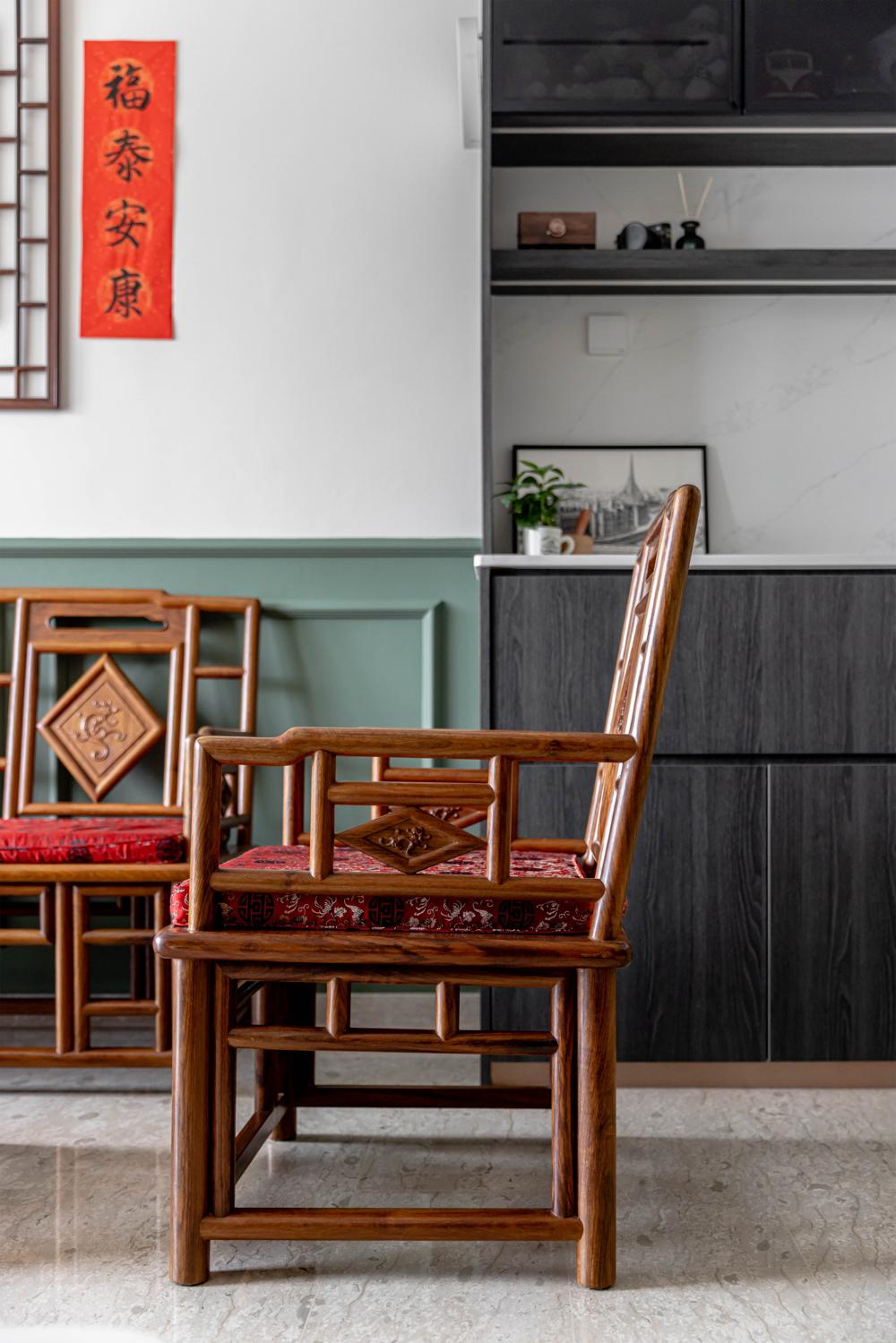 Asian Living Room with Feature Wall and Storage Cabinets